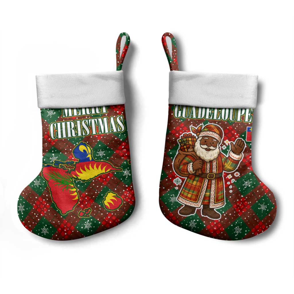 Guadeloupe Christmas Stocking with Green-Red Plaid Design, Island Map, and Traditional Santa Motif - Wonder Print Shop