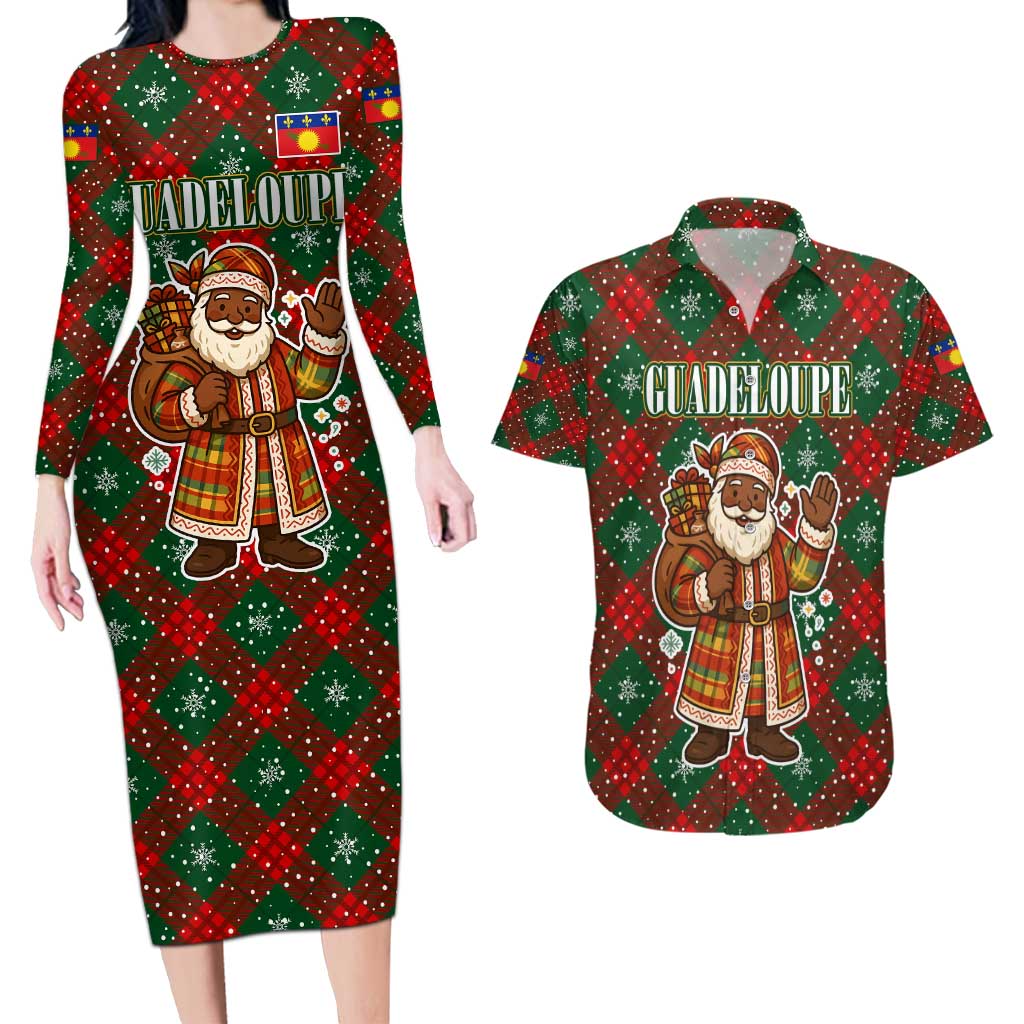Guadeloupe Christmas Couples Matching Long Sleeve Bodycon Dress and Hawaiian Shirt with Green-Red Plaid Design, Island Map, and Traditional Santa Motif - Wonder Print Shop