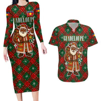 Guadeloupe Christmas Couples Matching Long Sleeve Bodycon Dress and Hawaiian Shirt with Green-Red Plaid Design, Island Map, and Traditional Santa Motif - Wonder Print Shop