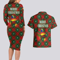 Guadeloupe Christmas Couples Matching Long Sleeve Bodycon Dress and Hawaiian Shirt with Green-Red Plaid Design, Island Map, and Traditional Santa Motif - Wonder Print Shop