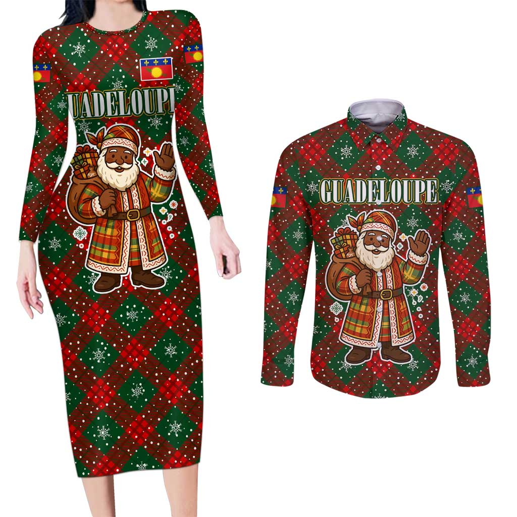 Guadeloupe Christmas Couples Matching Long Sleeve Bodycon Dress and Long Sleeve Button Shirt with Green-Red Plaid Design, Island Map, and Traditional Santa Motif - Wonder Print Shop