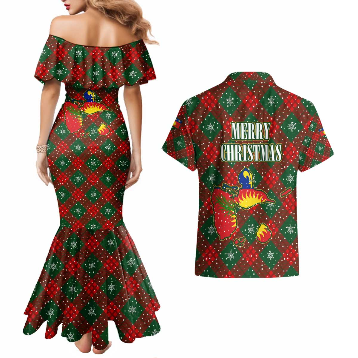 Guadeloupe Christmas Couples Matching Mermaid Dress and Hawaiian Shirt with Green-Red Plaid Design, Island Map, and Traditional Santa Motif - Wonder Print Shop