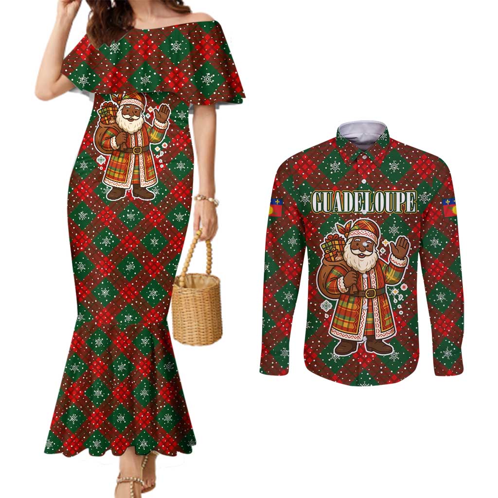 Guadeloupe Christmas Couples Matching Mermaid Dress and Long Sleeve Button Shirt with Green-Red Plaid Design, Island Map, and Traditional Santa Motif - Wonder Print Shop