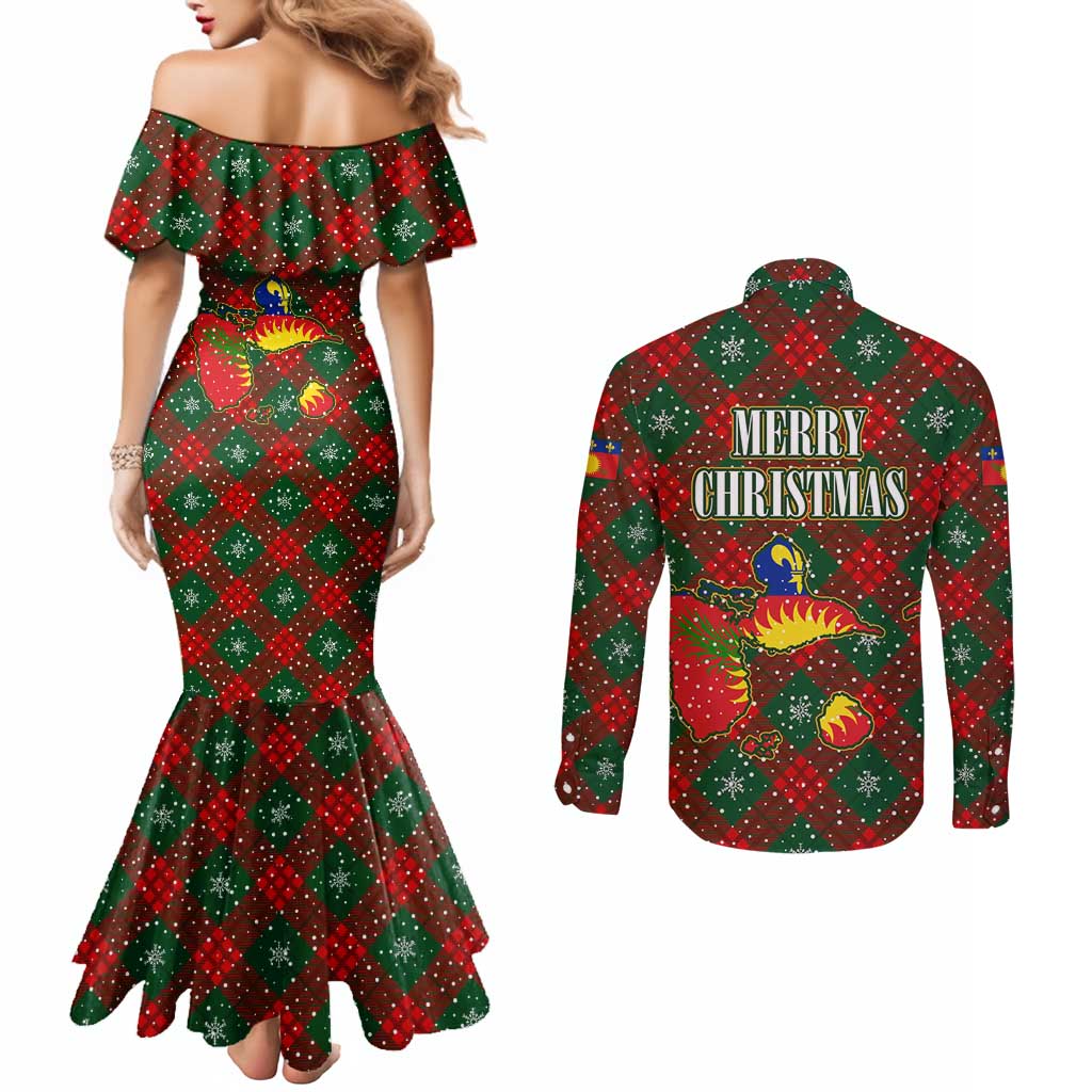 Guadeloupe Christmas Couples Matching Mermaid Dress and Long Sleeve Button Shirt with Green-Red Plaid Design, Island Map, and Traditional Santa Motif - Wonder Print Shop