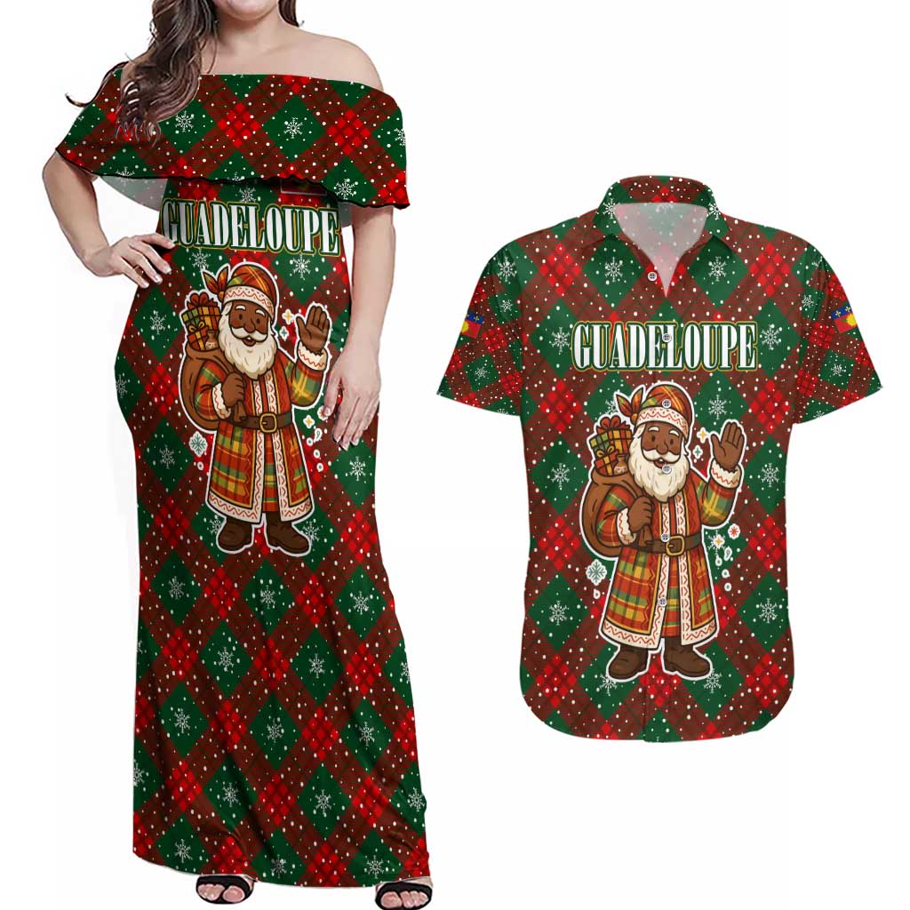Guadeloupe Christmas Couples Matching Off Shoulder Maxi Dress and Hawaiian Shirt with Green-Red Plaid Design, Island Map, and Traditional Santa Motif - Wonder Print Shop