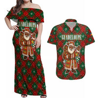 Guadeloupe Christmas Couples Matching Off Shoulder Maxi Dress and Hawaiian Shirt with Green-Red Plaid Design, Island Map, and Traditional Santa Motif - Wonder Print Shop