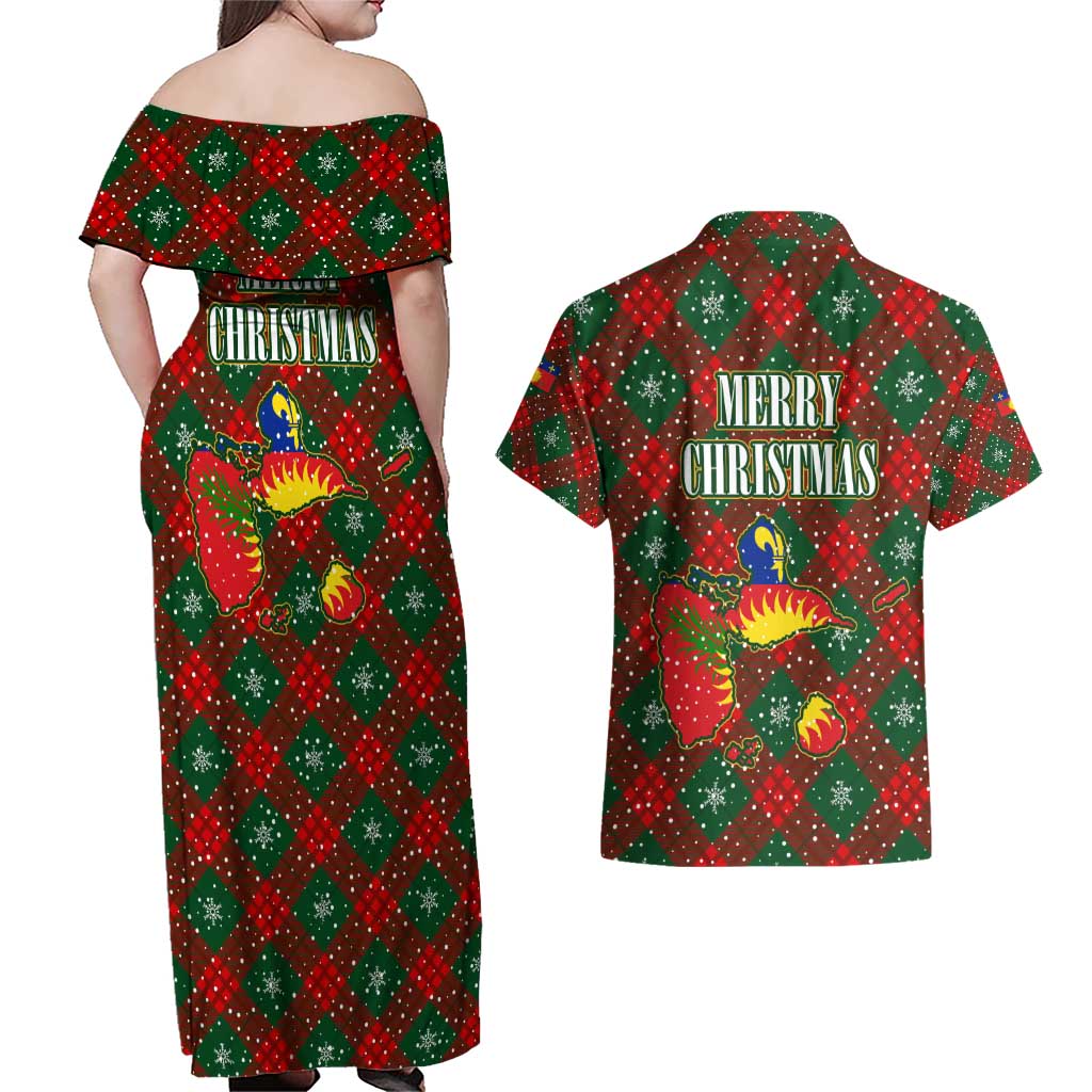 Guadeloupe Christmas Couples Matching Off Shoulder Maxi Dress and Hawaiian Shirt with Green-Red Plaid Design, Island Map, and Traditional Santa Motif - Wonder Print Shop