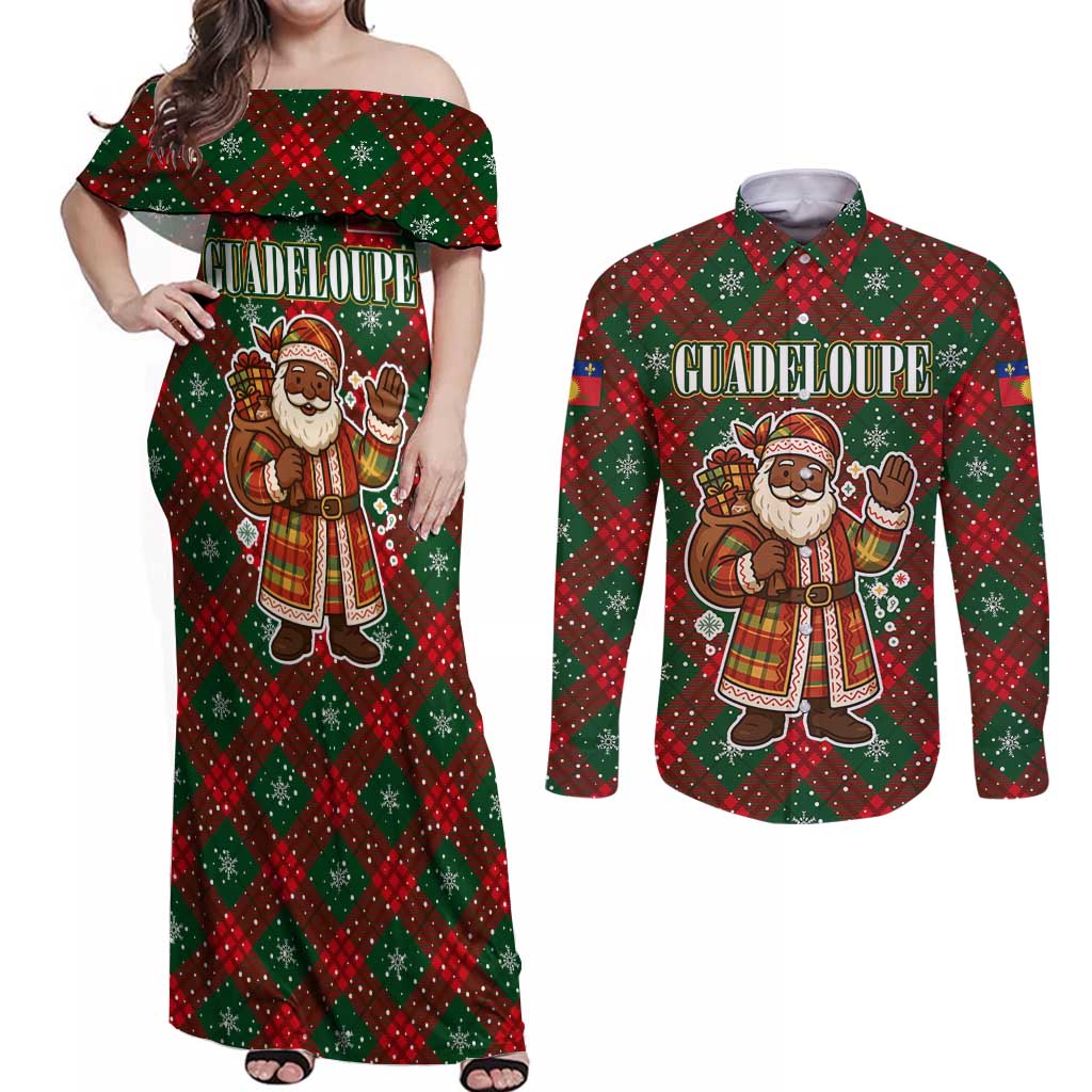 Guadeloupe Christmas Couples Matching Off Shoulder Maxi Dress and Long Sleeve Button Shirt with Green-Red Plaid Design, Island Map, and Traditional Santa Motif - Wonder Print Shop