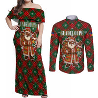 Guadeloupe Christmas Couples Matching Off Shoulder Maxi Dress and Long Sleeve Button Shirt with Green-Red Plaid Design, Island Map, and Traditional Santa Motif - Wonder Print Shop