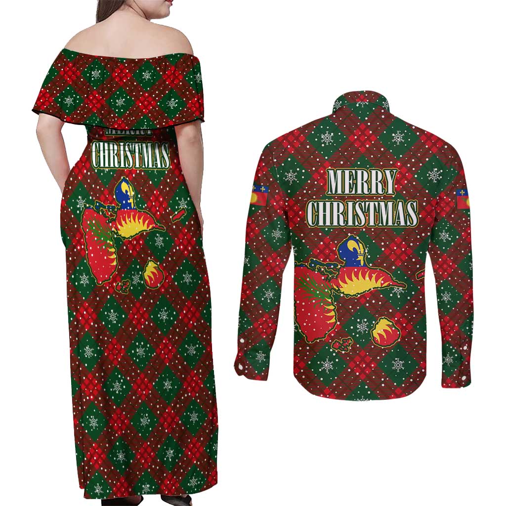 Guadeloupe Christmas Couples Matching Off Shoulder Maxi Dress and Long Sleeve Button Shirt with Green-Red Plaid Design, Island Map, and Traditional Santa Motif - Wonder Print Shop
