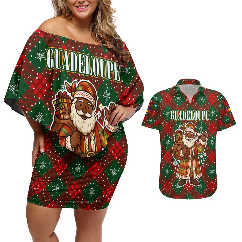 Guadeloupe Christmas Couples Matching Off Shoulder Short Dress and Hawaiian Shirt with Green-Red Plaid Design, Island Map, and Traditional Santa Motif - Wonder Print Shop