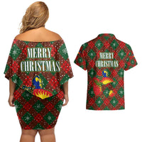 Guadeloupe Christmas Couples Matching Off Shoulder Short Dress and Hawaiian Shirt with Green-Red Plaid Design, Island Map, and Traditional Santa Motif - Wonder Print Shop