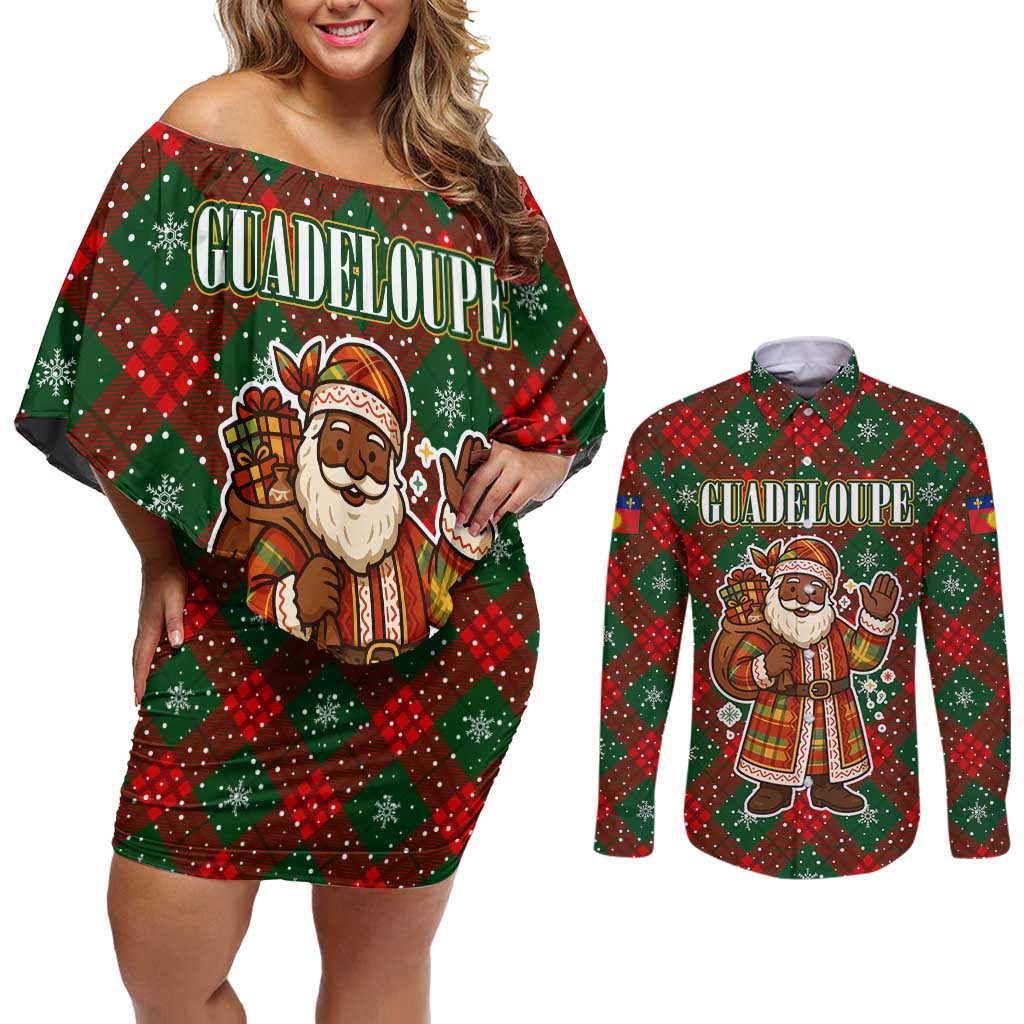 Guadeloupe Christmas Couples Matching Off Shoulder Short Dress and Long Sleeve Button Shirt with Green-Red Plaid Design, Island Map, and Traditional Santa Motif - Wonder Print Shop