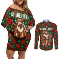 Guadeloupe Christmas Couples Matching Off Shoulder Short Dress and Long Sleeve Button Shirt with Green-Red Plaid Design, Island Map, and Traditional Santa Motif - Wonder Print Shop