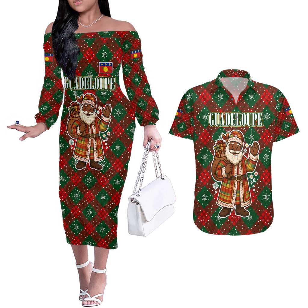 Guadeloupe Christmas Couples Matching Off The Shoulder Long Sleeve Dress and Hawaiian Shirt with Green-Red Plaid Design, Island Map, and Traditional Santa Motif - Wonder Print Shop