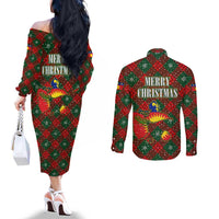 Guadeloupe Christmas Couples Matching Off The Shoulder Long Sleeve Dress and Long Sleeve Button Shirt with Green-Red Plaid Design, Island Map, and Traditional Santa Motif - Wonder Print Shop
