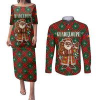 Guadeloupe Christmas Couples Matching Puletasi and Long Sleeve Button Shirt with Green-Red Plaid Design, Island Map, and Traditional Santa Motif - Wonder Print Shop