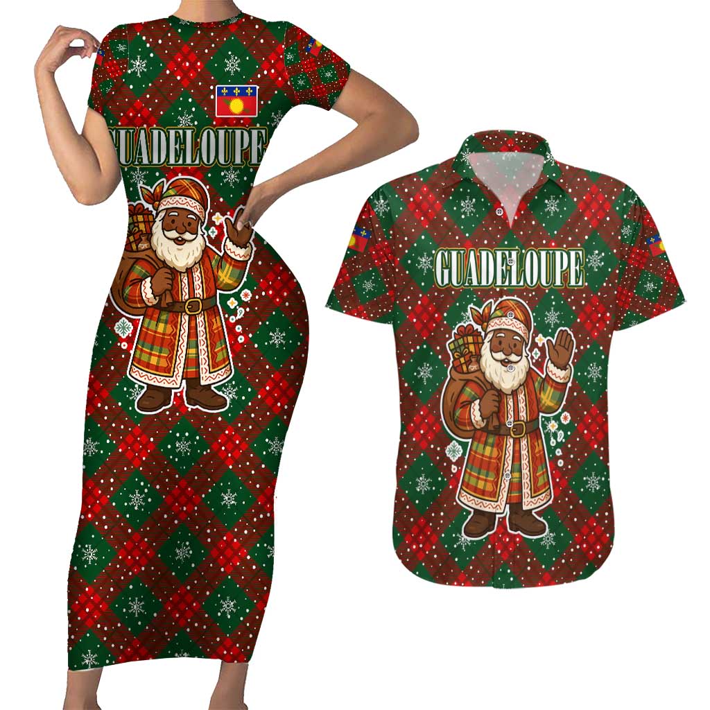 Guadeloupe Christmas Couples Matching Short Sleeve Bodycon Dress and Hawaiian Shirt with Green-Red Plaid Design, Island Map, and Traditional Santa Motif - Wonder Print Shop