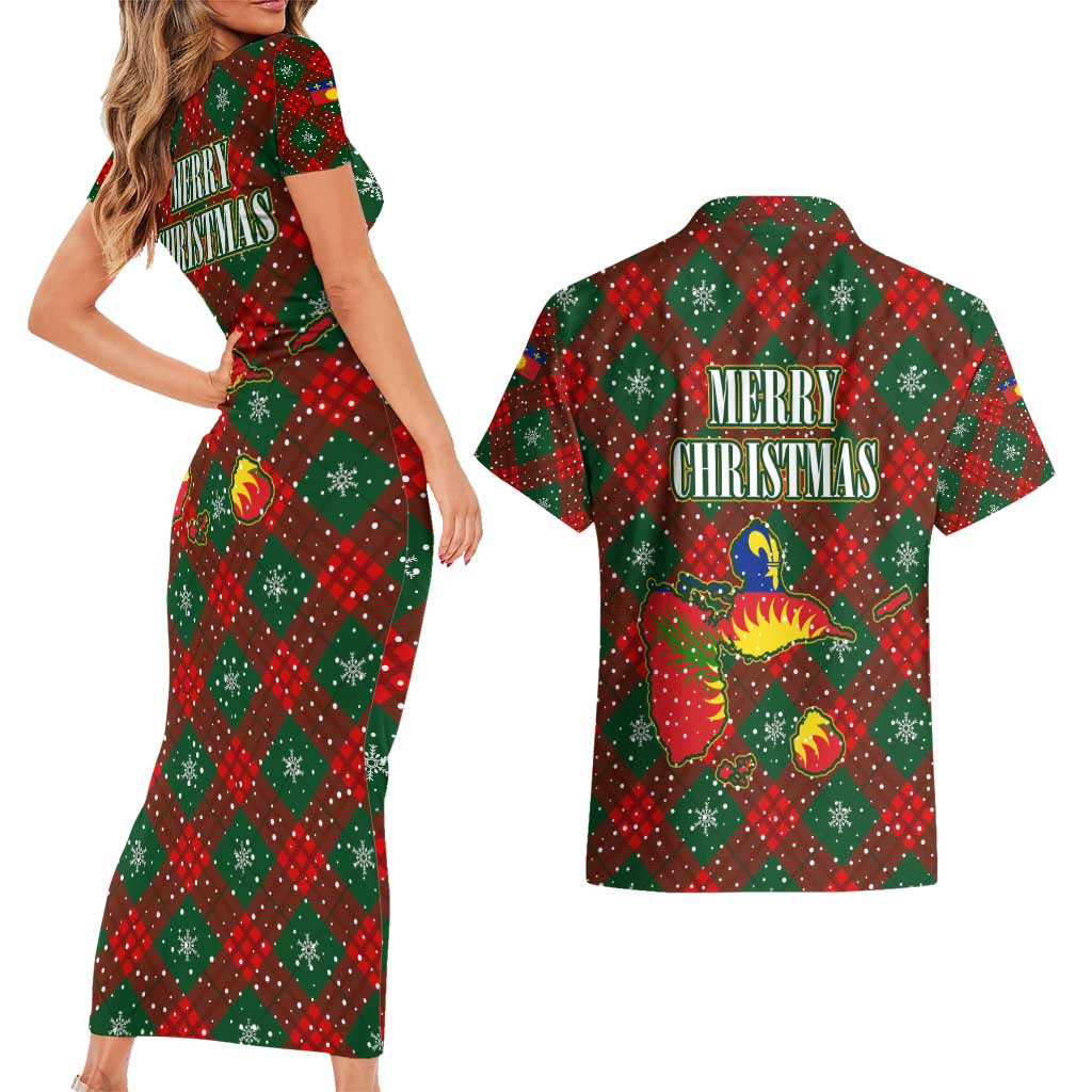 Guadeloupe Christmas Couples Matching Short Sleeve Bodycon Dress and Hawaiian Shirt with Green-Red Plaid Design, Island Map, and Traditional Santa Motif - Wonder Print Shop