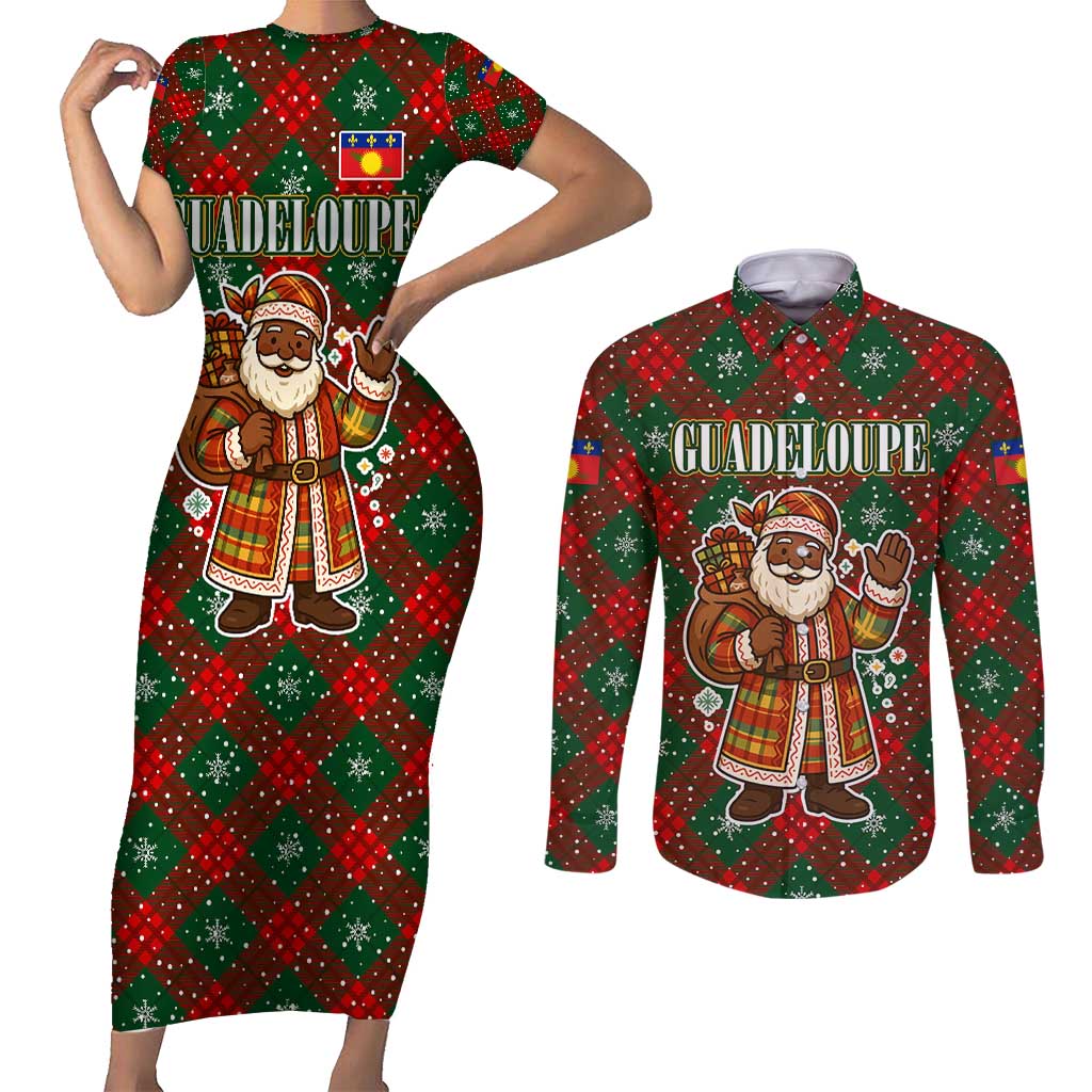 Guadeloupe Christmas Couples Matching Short Sleeve Bodycon Dress and Long Sleeve Button Shirt with Green-Red Plaid Design, Island Map, and Traditional Santa Motif - Wonder Print Shop
