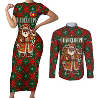 Guadeloupe Christmas Couples Matching Short Sleeve Bodycon Dress and Long Sleeve Button Shirt with Green-Red Plaid Design, Island Map, and Traditional Santa Motif - Wonder Print Shop