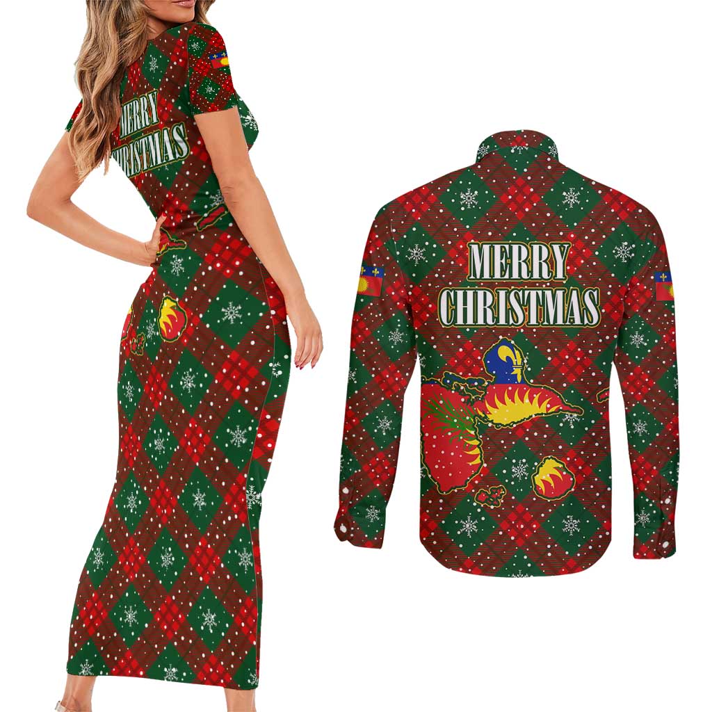 Guadeloupe Christmas Couples Matching Short Sleeve Bodycon Dress and Long Sleeve Button Shirt with Green-Red Plaid Design, Island Map, and Traditional Santa Motif - Wonder Print Shop