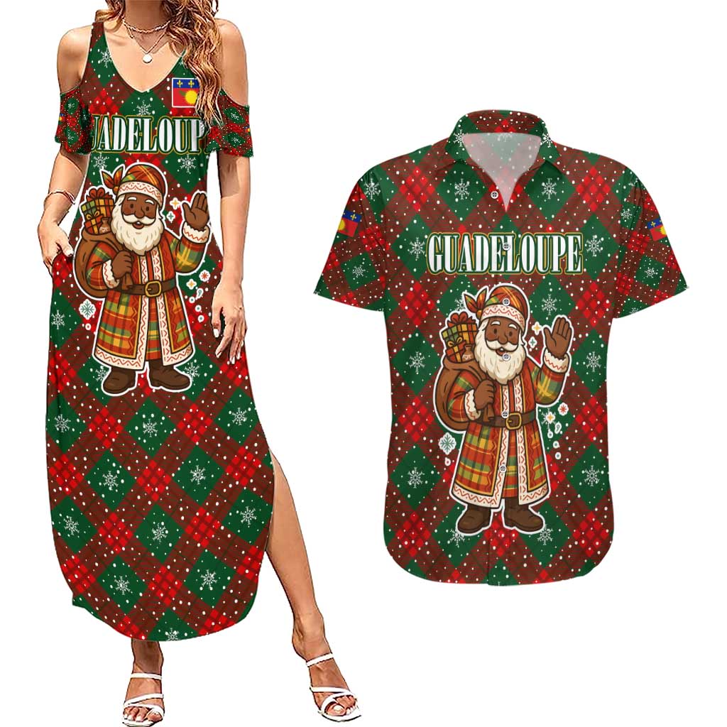 Guadeloupe Christmas Couples Matching Summer Maxi Dress and Hawaiian Shirt with Green-Red Plaid Design, Island Map, and Traditional Santa Motif - Wonder Print Shop