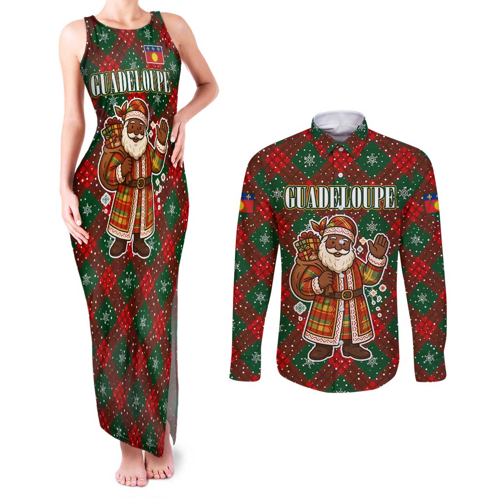 Guadeloupe Christmas Couples Matching Tank Maxi Dress and Long Sleeve Button Shirt with Green-Red Plaid Design, Island Map, and Traditional Santa Motif - Wonder Print Shop