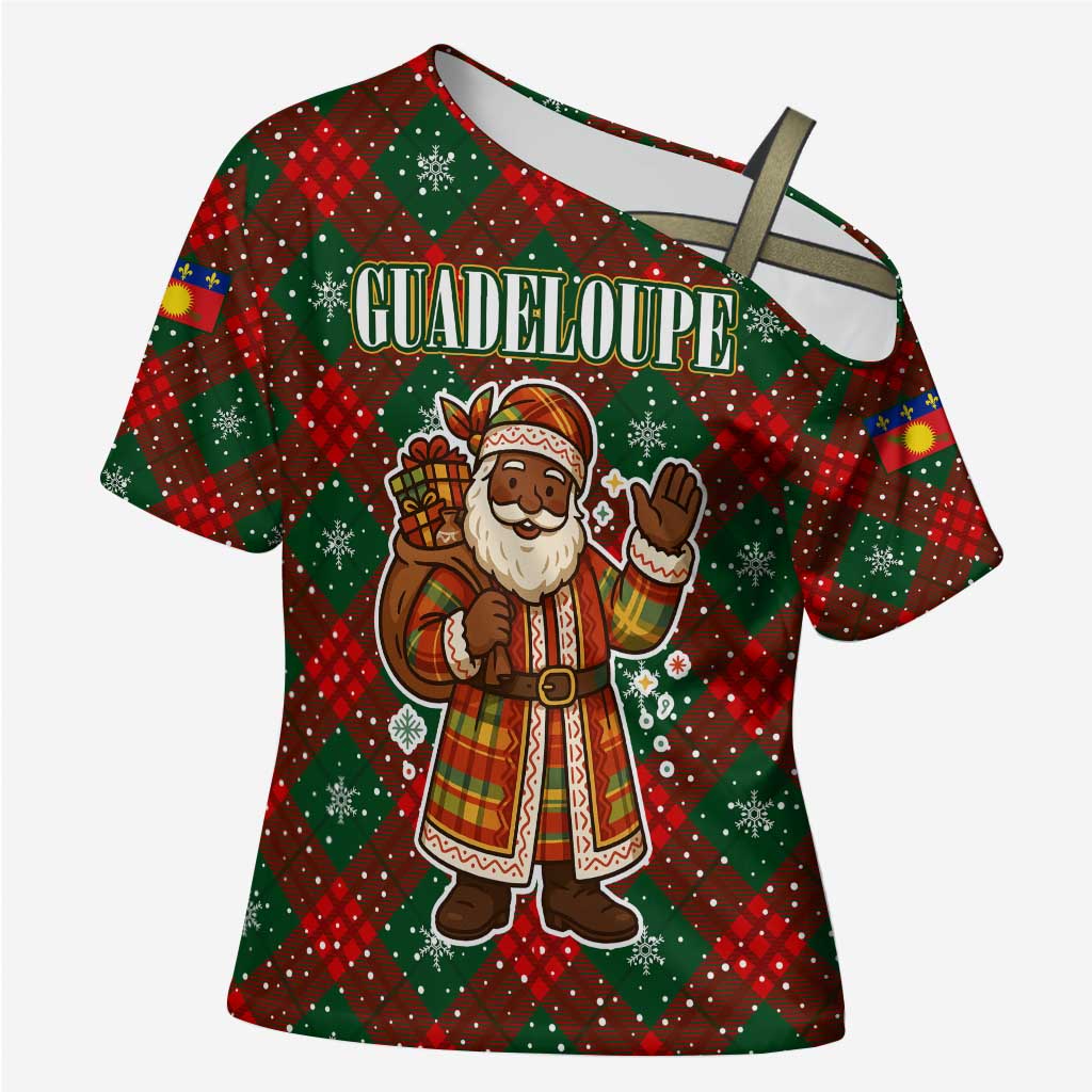 Guadeloupe Christmas Cross Shoulder Shirt with Green-Red Plaid Design, Island Map, and Traditional Santa Motif - Wonder Print Shop