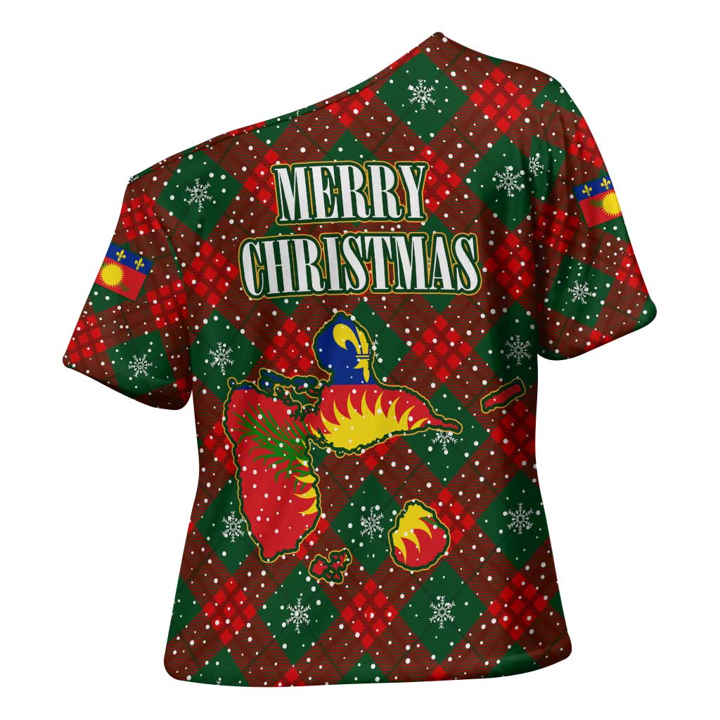 Guadeloupe Christmas Cross Shoulder Shirt with Green-Red Plaid Design, Island Map, and Traditional Santa Motif - Wonder Print Shop