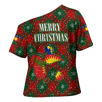 Guadeloupe Christmas Cross Shoulder Shirt with Green-Red Plaid Design, Island Map, and Traditional Santa Motif - Wonder Print Shop