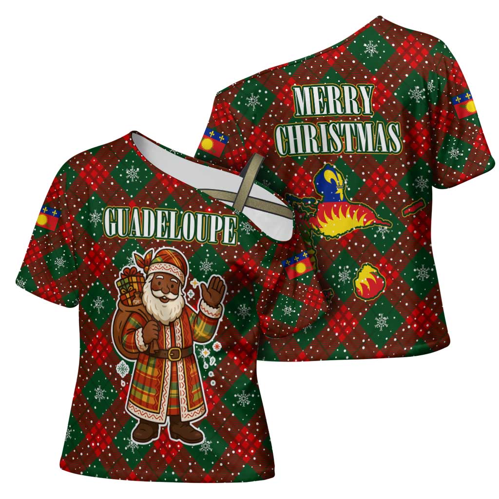Guadeloupe Christmas Cross Shoulder Shirt with Green-Red Plaid Design, Island Map, and Traditional Santa Motif - Wonder Print Shop