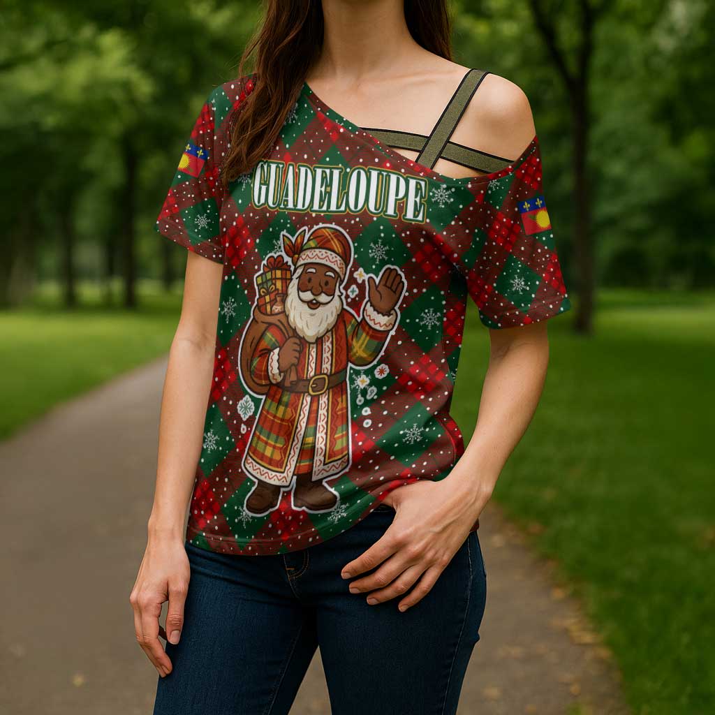 Guadeloupe Christmas Cross Shoulder Shirt with Green-Red Plaid Design, Island Map, and Traditional Santa Motif - Wonder Print Shop