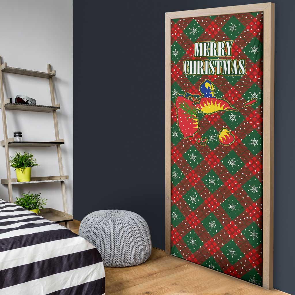 Guadeloupe Christmas Door Cover with Green-Red Plaid Design, Island Map, and Traditional Santa Motif - Wonder Print Shop