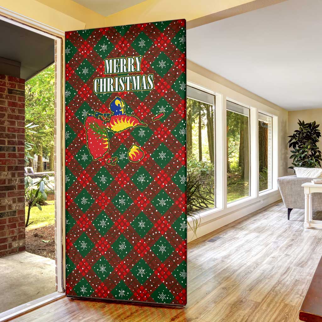 Guadeloupe Christmas Door Cover with Green-Red Plaid Design, Island Map, and Traditional Santa Motif - Wonder Print Shop
