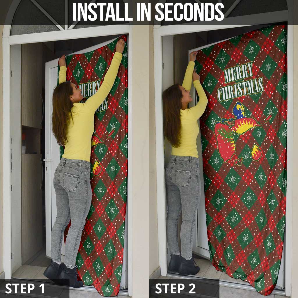 Guadeloupe Christmas Door Cover with Green-Red Plaid Design, Island Map, and Traditional Santa Motif - Wonder Print Shop