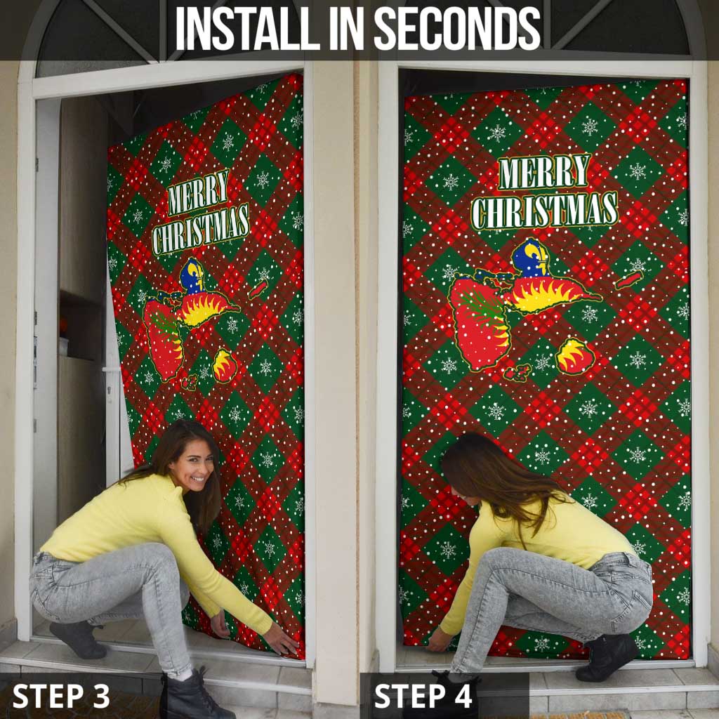 Guadeloupe Christmas Door Cover with Green-Red Plaid Design, Island Map, and Traditional Santa Motif - Wonder Print Shop
