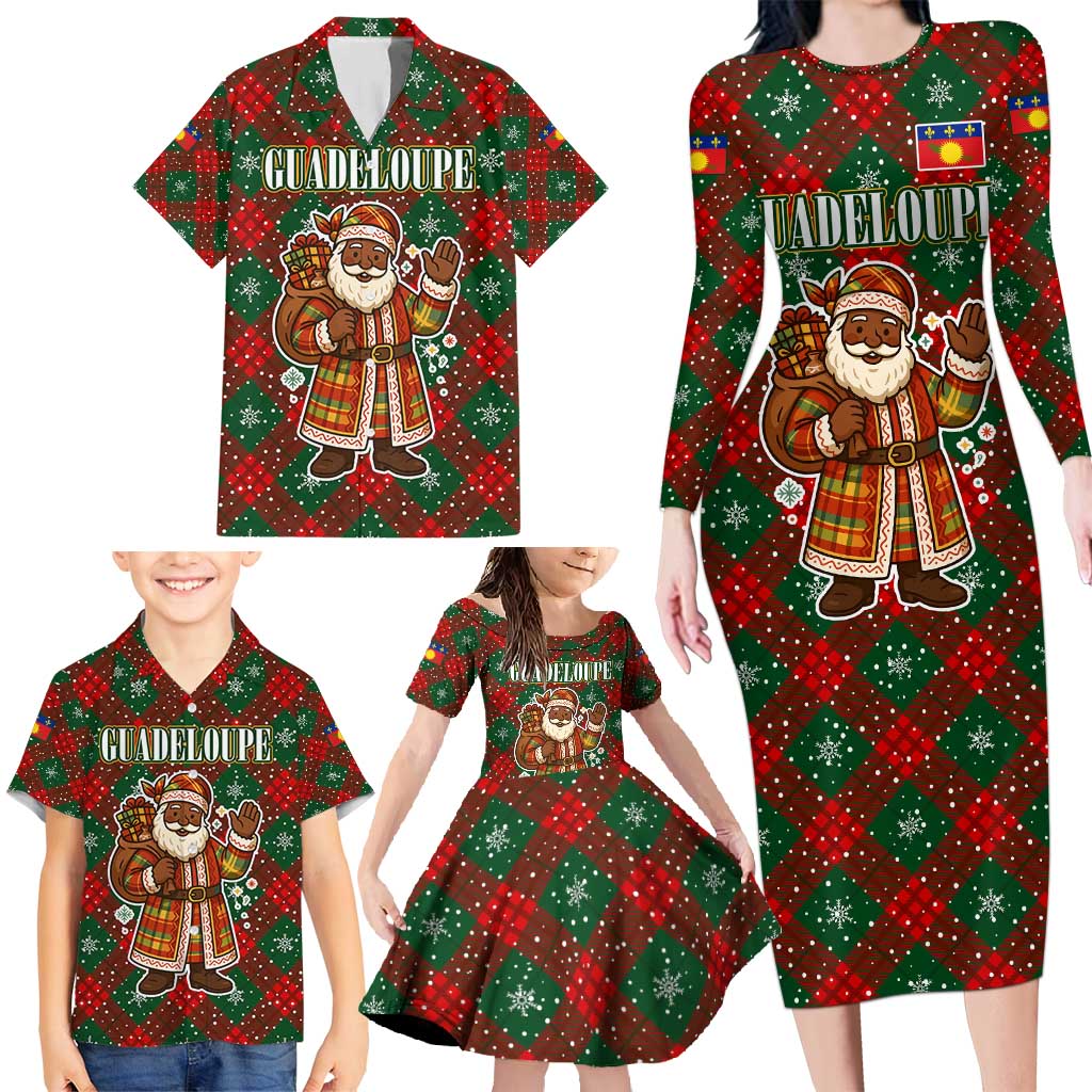 Guadeloupe Christmas Family Matching Long Sleeve Bodycon Dress and Hawaiian Shirt with Green-Red Plaid Design, Island Map, and Traditional Santa Motif - Wonder Print Shop