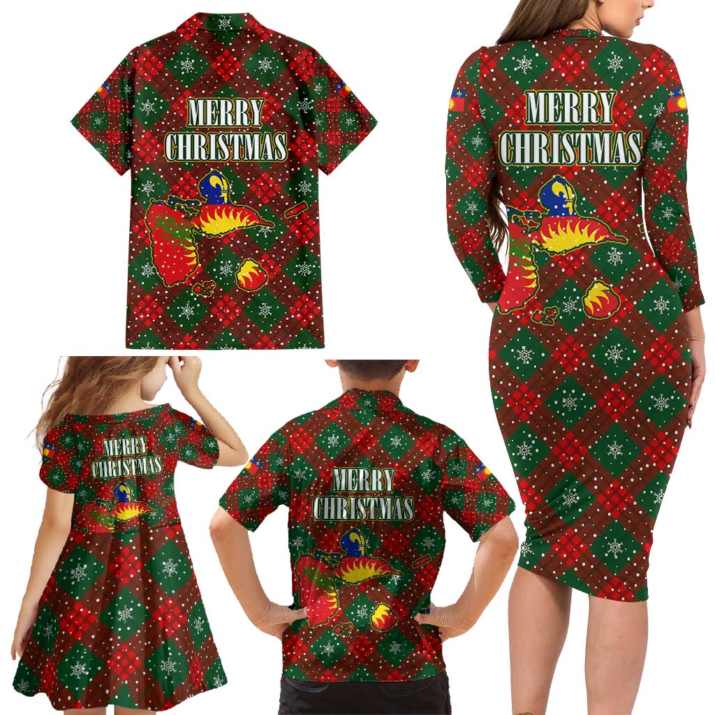 Guadeloupe Christmas Family Matching Long Sleeve Bodycon Dress and Hawaiian Shirt with Green-Red Plaid Design, Island Map, and Traditional Santa Motif - Wonder Print Shop