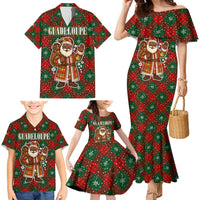 Guadeloupe Christmas Family Matching Mermaid Dress and Hawaiian Shirt with Green-Red Plaid Design, Island Map, and Traditional Santa Motif - Wonder Print Shop