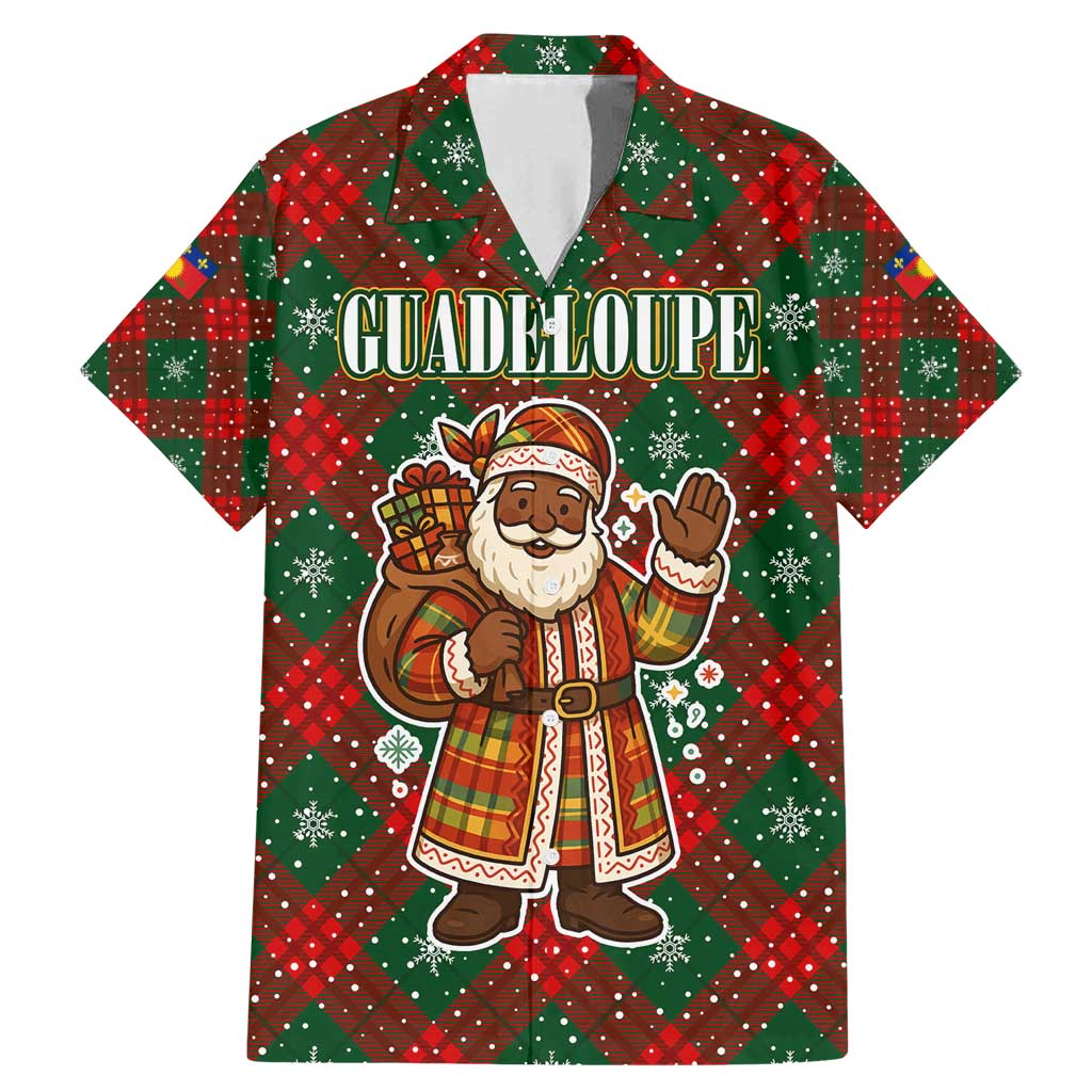Guadeloupe Christmas Family Matching Mermaid Dress and Hawaiian Shirt with Green-Red Plaid Design, Island Map, and Traditional Santa Motif - Wonder Print Shop