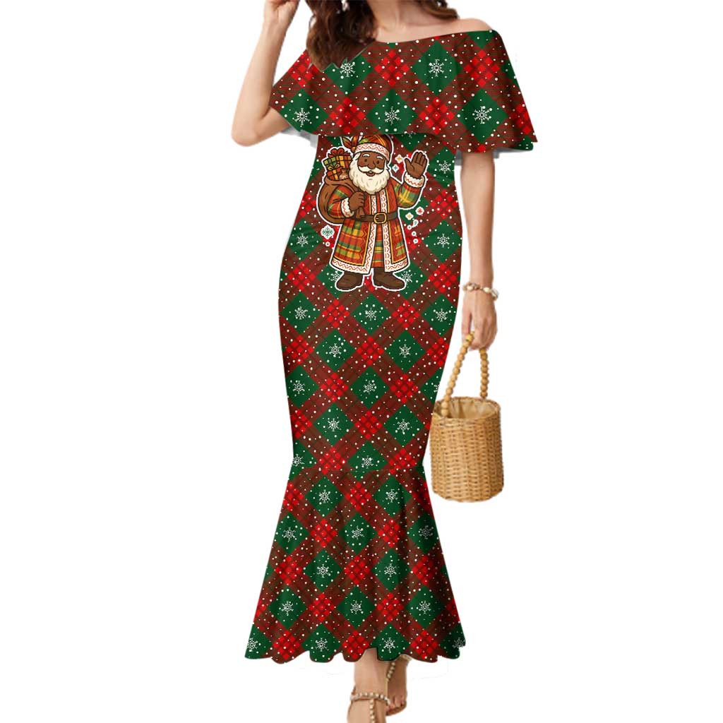Guadeloupe Christmas Family Matching Mermaid Dress and Hawaiian Shirt with Green-Red Plaid Design, Island Map, and Traditional Santa Motif - Wonder Print Shop