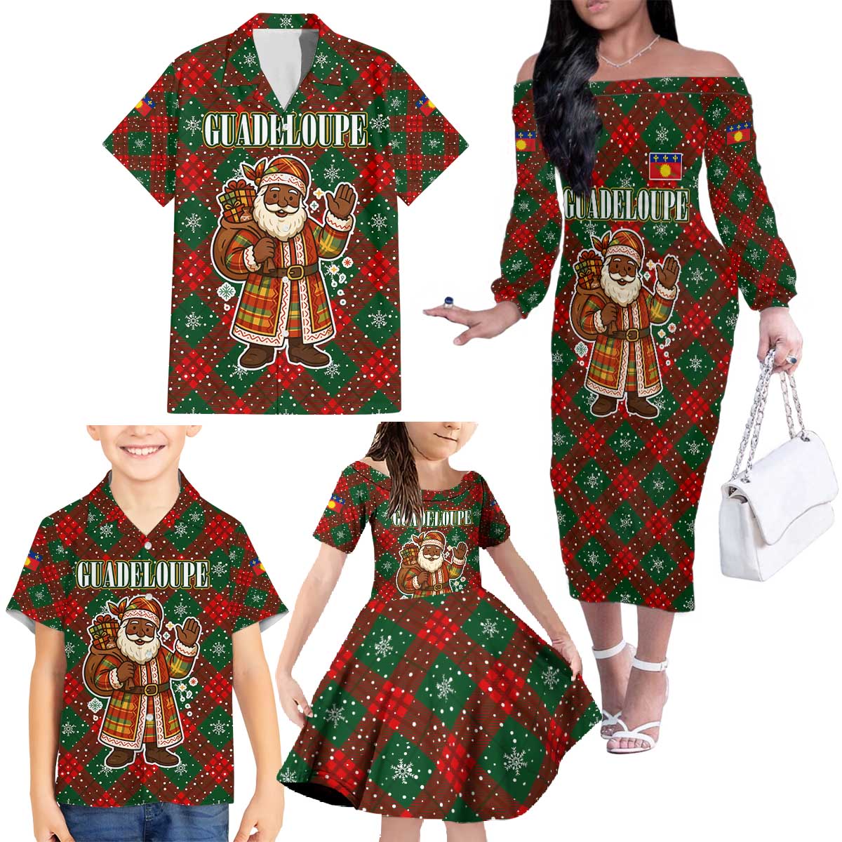 Guadeloupe Christmas Family Matching Off The Shoulder Long Sleeve Dress and Hawaiian Shirt with Green-Red Plaid Design, Island Map, and Traditional Santa Motif - Wonder Print Shop