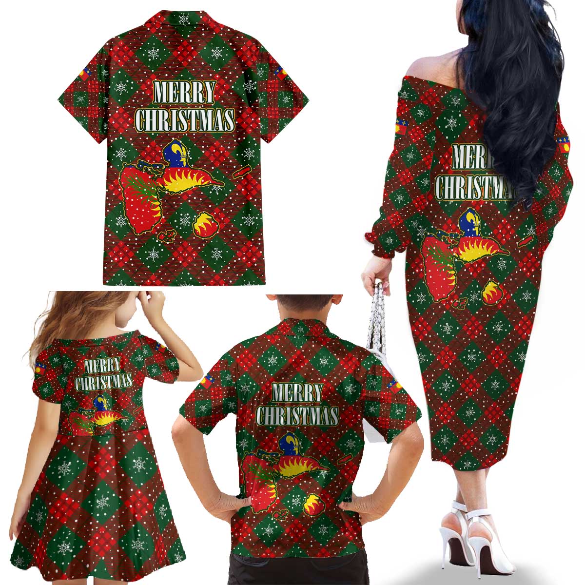 Guadeloupe Christmas Family Matching Off The Shoulder Long Sleeve Dress and Hawaiian Shirt with Green-Red Plaid Design, Island Map, and Traditional Santa Motif - Wonder Print Shop