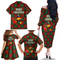 Guadeloupe Christmas Family Matching Off The Shoulder Long Sleeve Dress and Hawaiian Shirt with Green-Red Plaid Design, Island Map, and Traditional Santa Motif - Wonder Print Shop