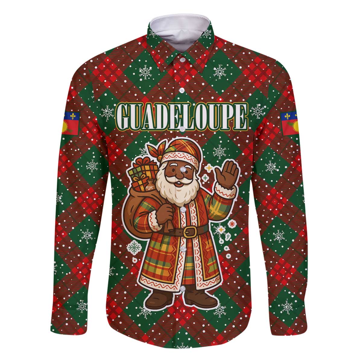 Guadeloupe Christmas Family Matching Off The Shoulder Long Sleeve Dress and Hawaiian Shirt with Green-Red Plaid Design, Island Map, and Traditional Santa Motif - Wonder Print Shop