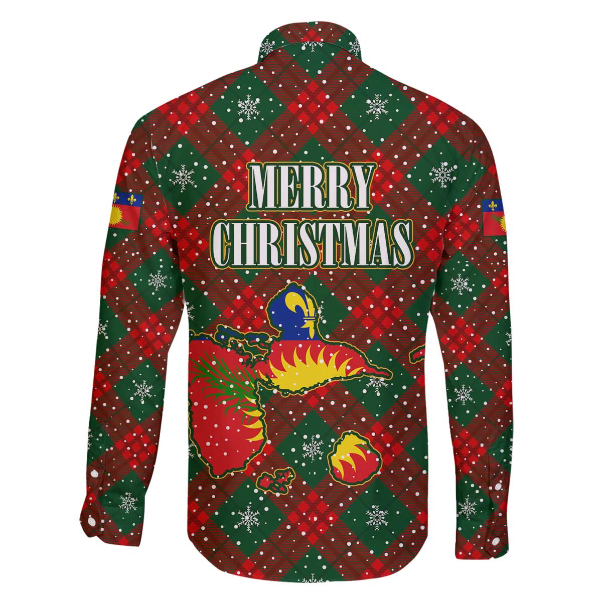 Guadeloupe Christmas Family Matching Off The Shoulder Long Sleeve Dress and Hawaiian Shirt with Green-Red Plaid Design, Island Map, and Traditional Santa Motif - Wonder Print Shop