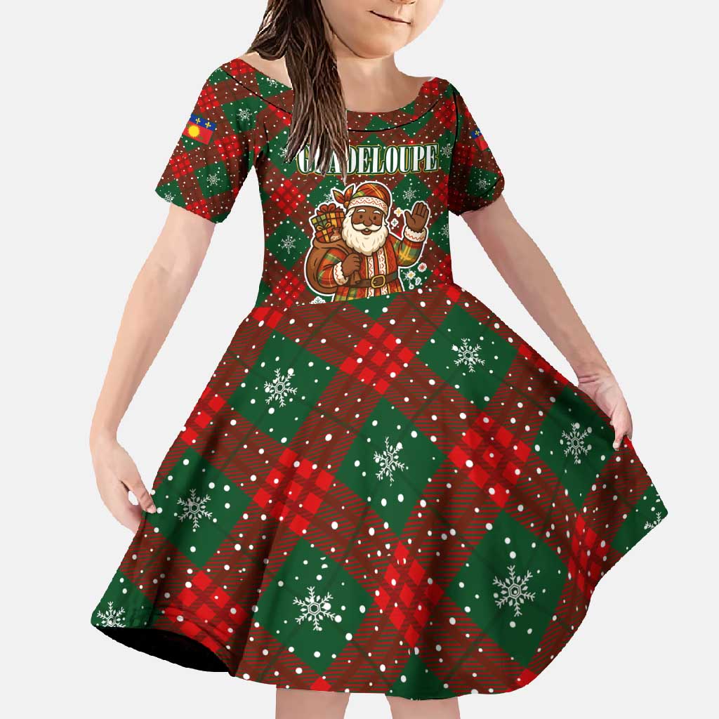 Guadeloupe Christmas Family Matching Off Shoulder Maxi Dress and Hawaiian Shirt with Green-Red Plaid Design, Island Map, and Traditional Santa Motif - Wonder Print Shop