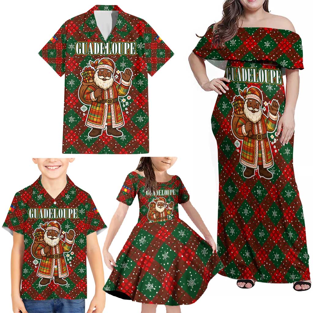 Guadeloupe Christmas Family Matching Off Shoulder Maxi Dress and Hawaiian Shirt with Green-Red Plaid Design, Island Map, and Traditional Santa Motif - Wonder Print Shop