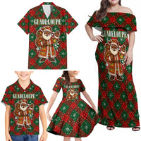 Guadeloupe Christmas Family Matching Off Shoulder Maxi Dress and Hawaiian Shirt with Green-Red Plaid Design, Island Map, and Traditional Santa Motif - Wonder Print Shop